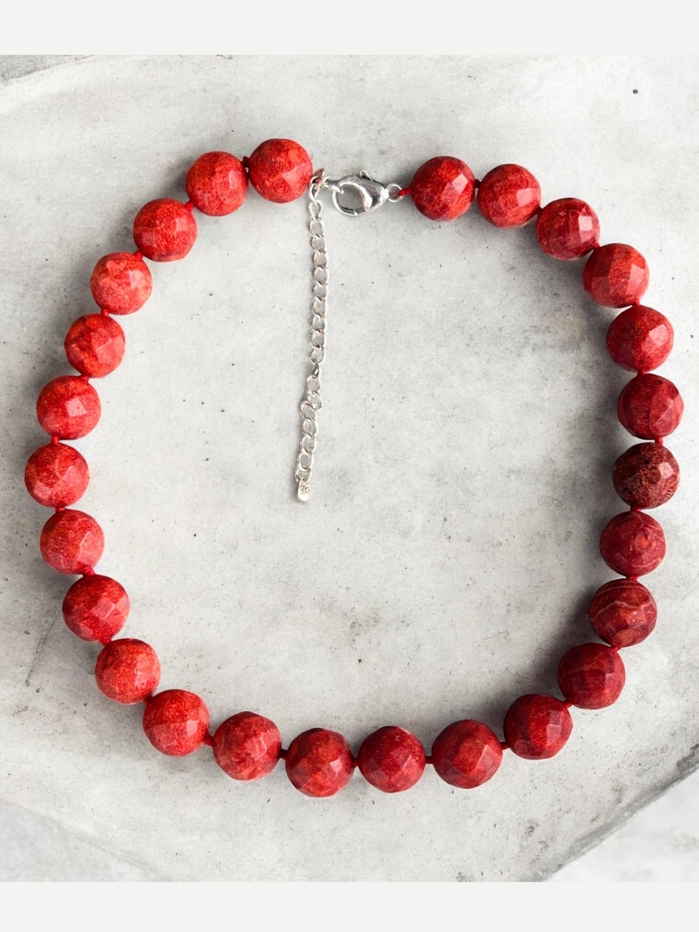 Vintage Faceted Natural Red Coral Beaded Necklace - Sterling Silver Stamped